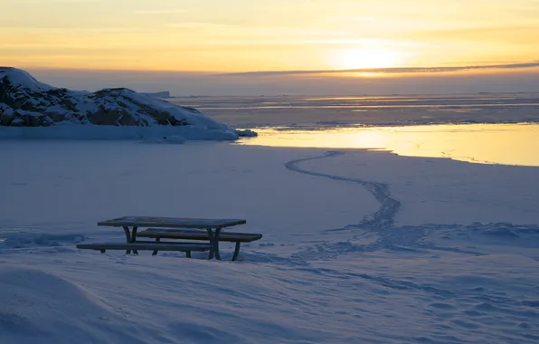 Picture sea, snow, sunset, bench, table, the ocean, Greenland