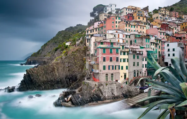 Sea, the city, rock, home, Italy, Riomaggiore, Cinque Terre