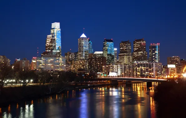 Bridge, lights, lights, river, building, Philadelphia, river, bridge