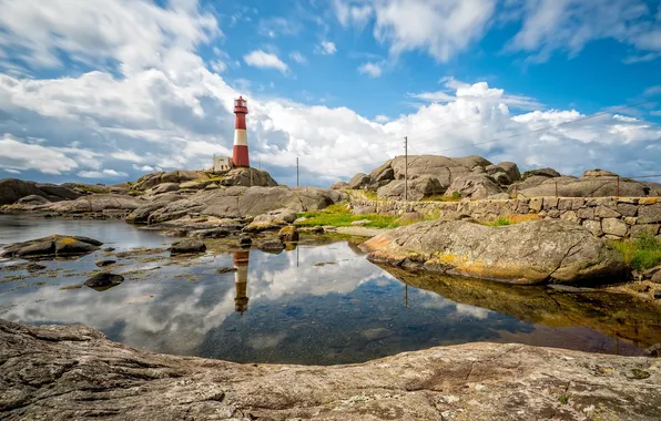 Reflection, stones, rocks, lighthouse, Norway, Rogaland