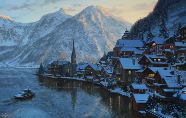 Picture winter, snow, landscape, sunset, mountains, lake, mountain, home