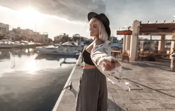 Picture girl, yachts, boats, hat, pier, blonde, blouse, Gorelikov Andrew