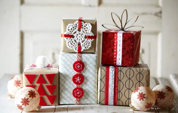 Winter, snow, decoration, holiday, box, gift, balls, Happy New Year