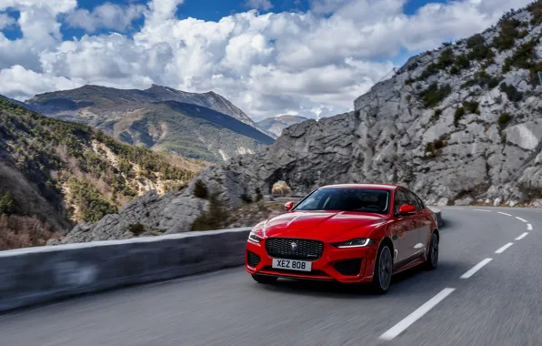 Road, mountains, red, speed, Jaguar, sedan, 2020, Jaguar XE