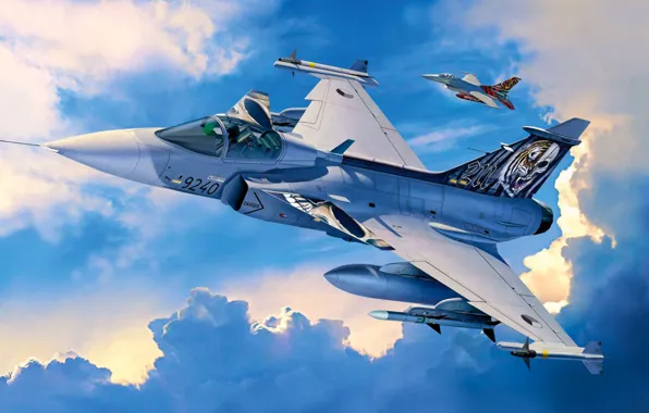 Picture fighter, war, art, airplane, painting, aviaiton, Saab JAS-39C GRIPEN.jet