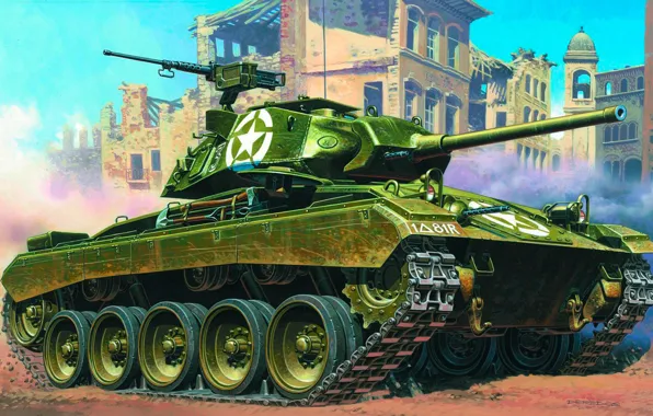 Picture easy, art, tank, USA, the battle, Chaffee, M24 Chaffee, WW2.