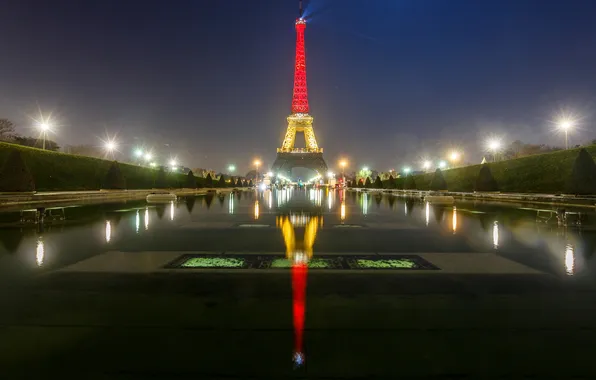 Night, lights, reflection, France, Paris, Eiffel tower