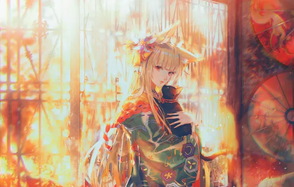 Cat, cat, girl, yukata, ears