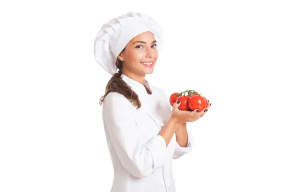 Look, girl, red, smile, white background, brown hair, beauty, tomatoes