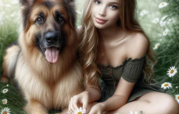 Girl, dog, German shepherd, imitation painting, AI art, neural network