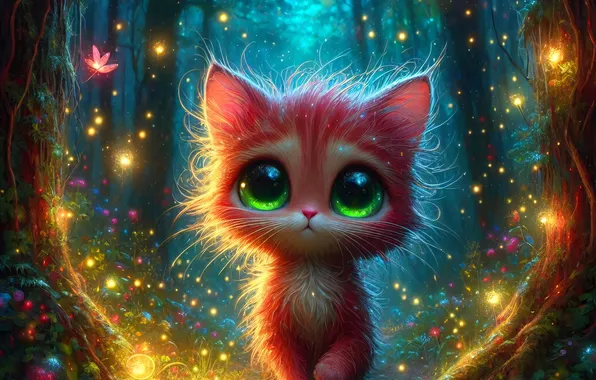 Forest, cat, look, night, pose, kitty, face, AI art