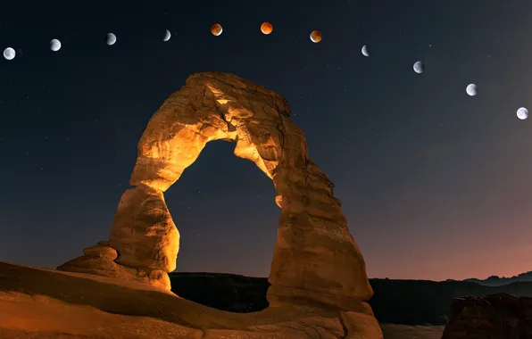 The sky, stars, light, The moon, Canyon, arch, breed