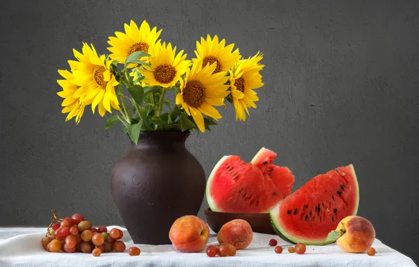 Picture sunflowers, watermelon, still life