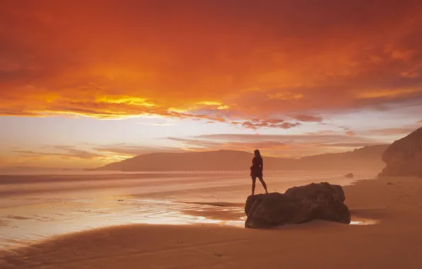 Picture beach, girl, landscape, the ocean, dawn