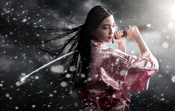 Picture snow, sword, kimono, May, Samurai Girl
