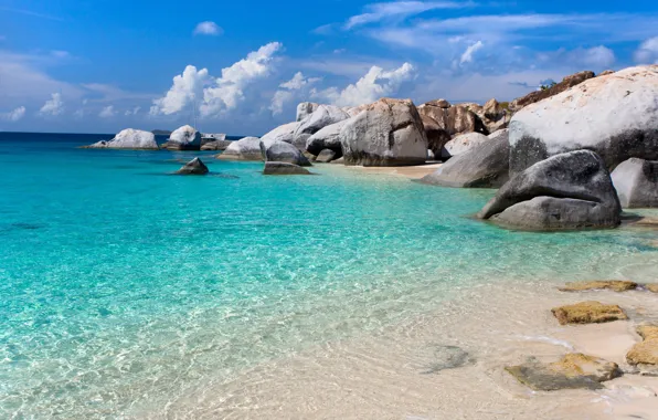 Sea, beach, the sky, clouds, rocks, blue, Sunshine sea