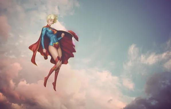Girl, clouds, pink, supergirl