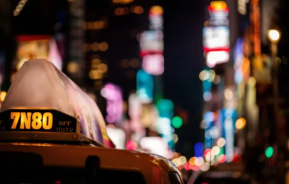 Machine, night, the city, lights, skyscrapers, taxi, colorful, bokeh