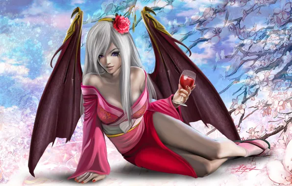 Picture girl, flowers, wine, glass, wings, spring, anime, Sakura