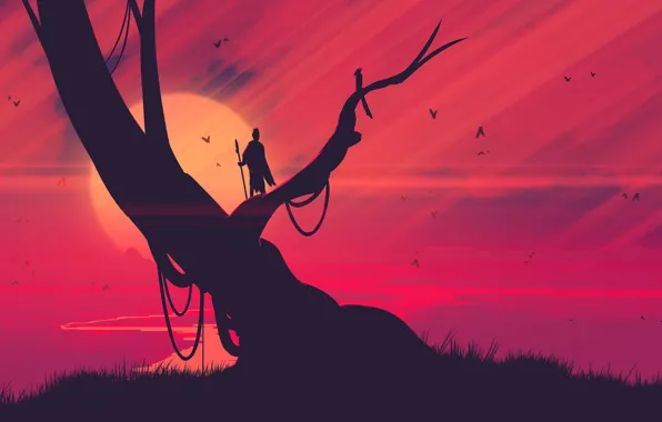 Sunset, The sun, The evening, Minimalism, Tree, Birds, Style, Fantasy