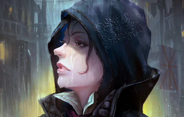 Picture girl, fantasy, game, wet, rain, purple eyes, face, Assasin's Creed