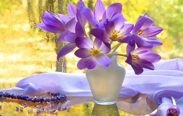 Autumn, view, harmony, window, vase, bouquet, beautiful flowers