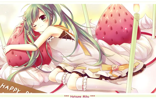 Strawberry, knee, vocaloid, Hatsune Miku, long hair, Vocaloid, wink, candle