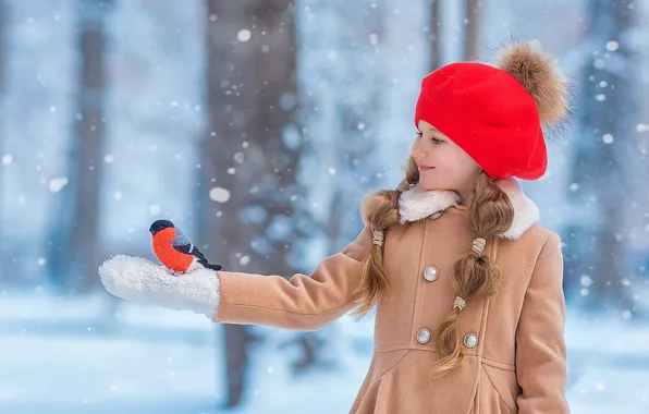 Winter, forest, snow, red, nature, pose, smile, Park