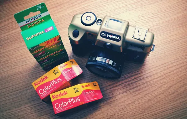 Vintage, camera, film, Fujifilm, Kodak, Olympic, Colorplus