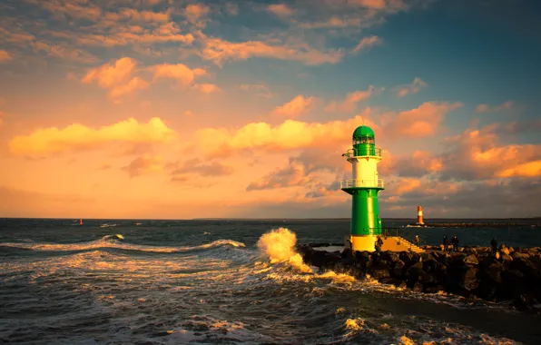 Sea, wave, landscape, sunset, nature, stones, lighthouse, Germany