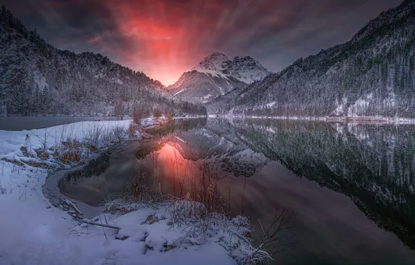 Winter, snow, sunset, mountains, reflection, river, Austria, Alps