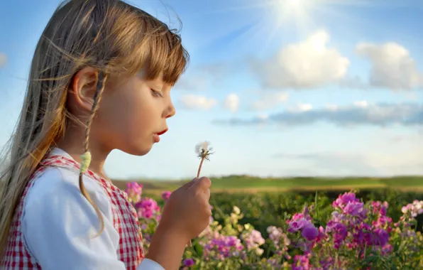 Picture summer, the sky, clouds, flowers, nature, children, childhood, girls