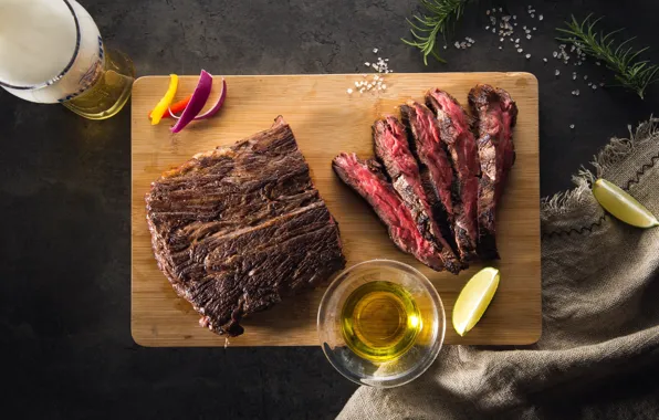 Lemon, beer, meat, steak