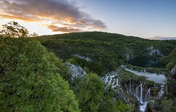 Trees, mountains, lake, view, morning, waterfalls, Croatia, national Park