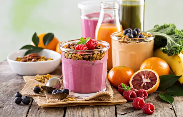 Berries, raspberry, drink, fruit, banana, cereal, smoothies with yogurt