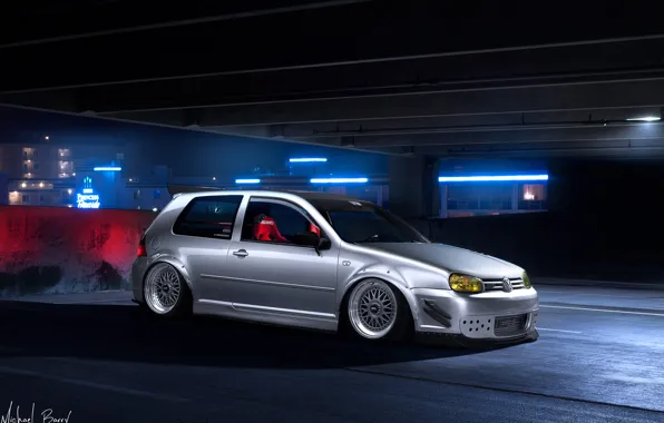 Picture night, tuning, volkswagen, Parking, white, golf, tuning
