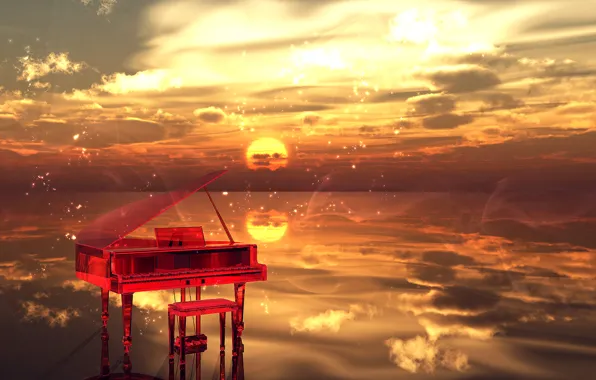 Picture water, clouds, Sunset, sparks, musical instrument