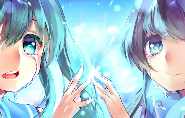 Picture girls, anime, tears, art, vocaloid, hatsune miku, two, luo tianyi