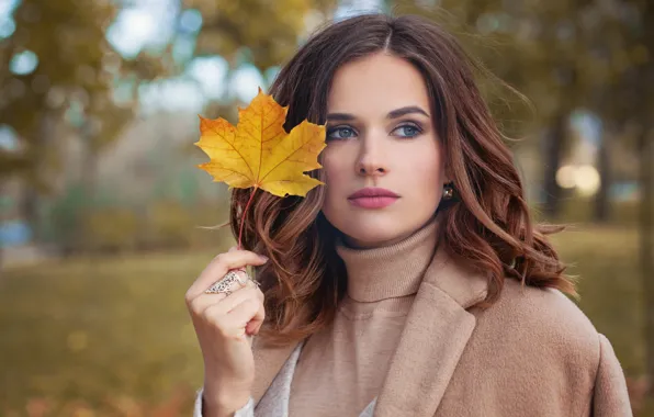 Picture autumn, look, girl, Park, model, makeup, hairstyle, autumn mood