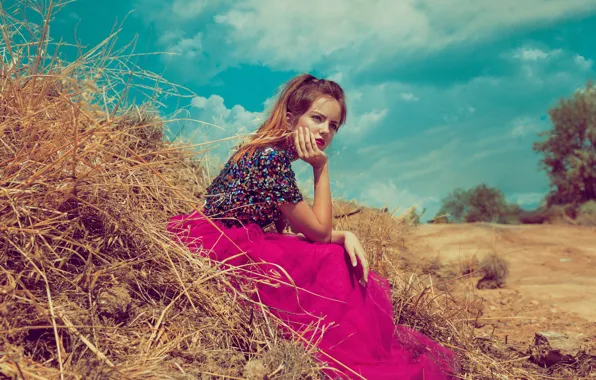 Picture girl, pose, mood, stack, hay