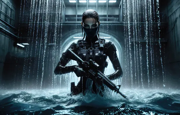 Water, girl, weapons, rifle