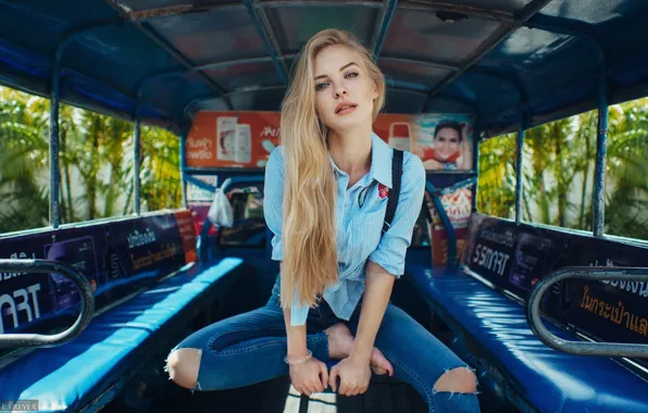 Pose, portrait, jeans, makeup, hairstyle, blonde, shirt, beautiful