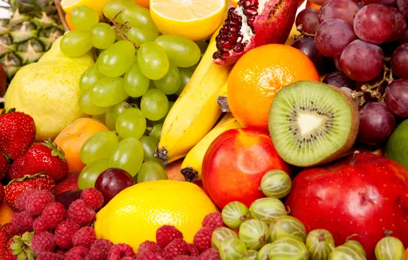 Picture photo, Berries, Fruit, Kiwi, Grapes, Food, Raspberry, Gooseberry