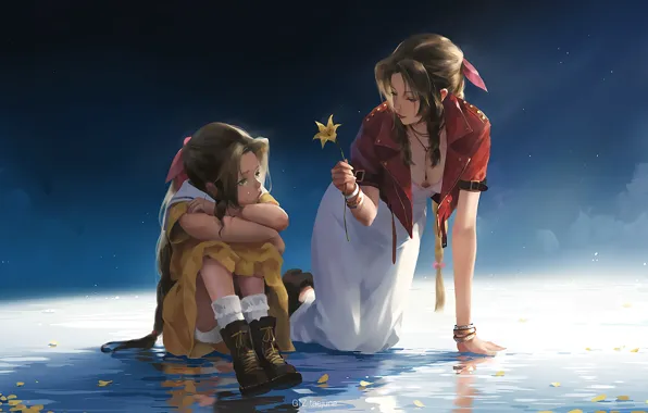 Fantasy, game, Final Fantasy 7, flower, girls, water, leaves, tears