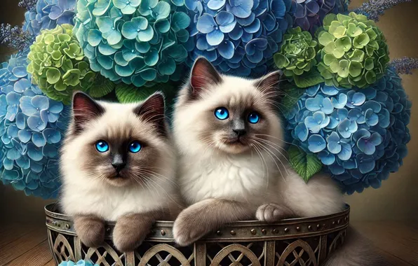 Look, cats, pose, kittens, hydrangea, faces, AI art, neural network