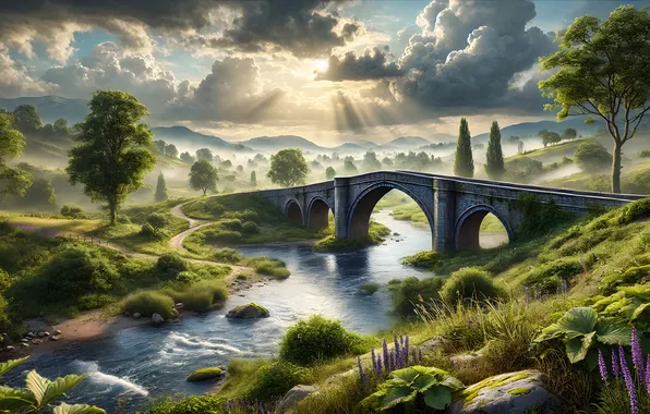 The sun, rays, trees, bridge, fog, river, shore, haze