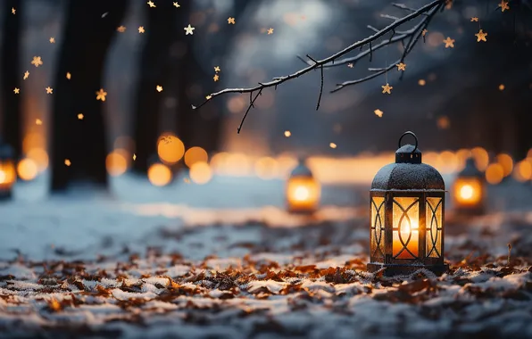 Winter, snow, trees, branches, lights, Park, glade, foliage