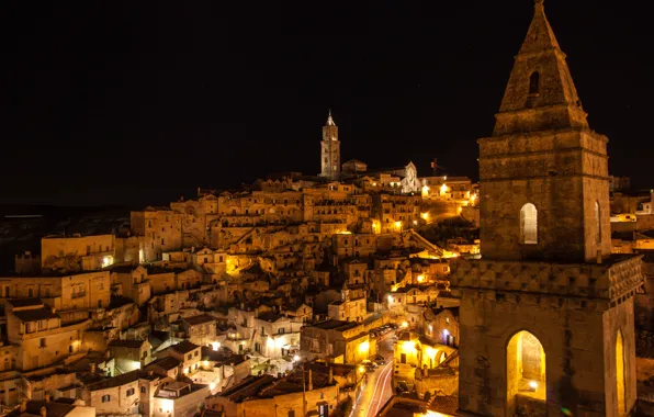 The sky, stars, night, lights, home, Italy, the view from the top, Matera