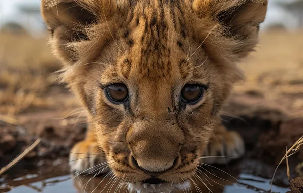 Water, Look, Kitty, Leo, Cub, Digital art, Face, Big Cats
