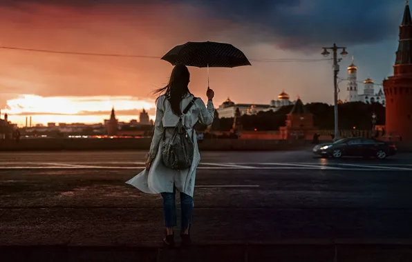 Sunset, Girl, The Kremlin, Umbrella, Beautiful, Natalia KVINT